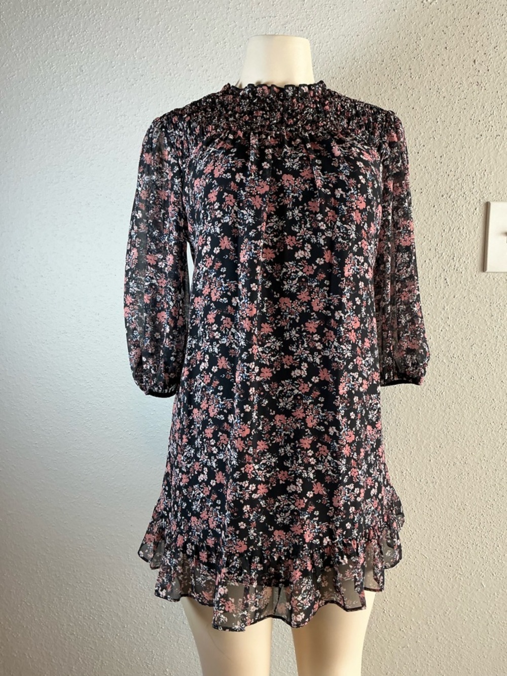 Sienna Sky Black Mini Dress with Pink Floral Print